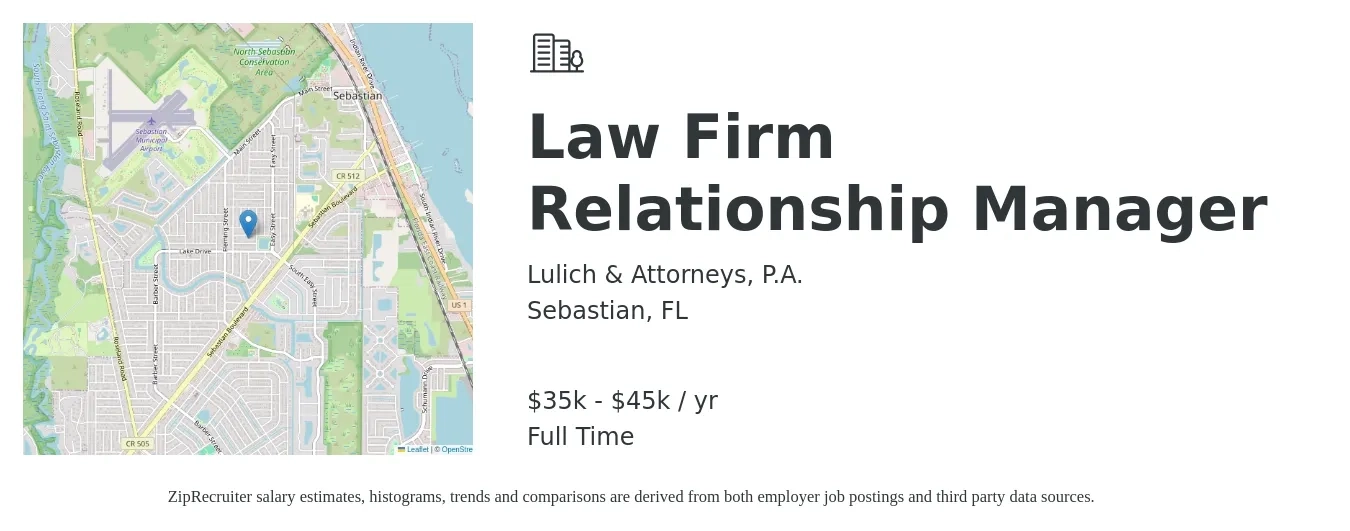 Lulich & Attorneys, P.A. job posting for a Law Firm Relationship Manager in Sebastian, FL with a salary of $35,000 to $45,000 Yearly with a map of Sebastian location.