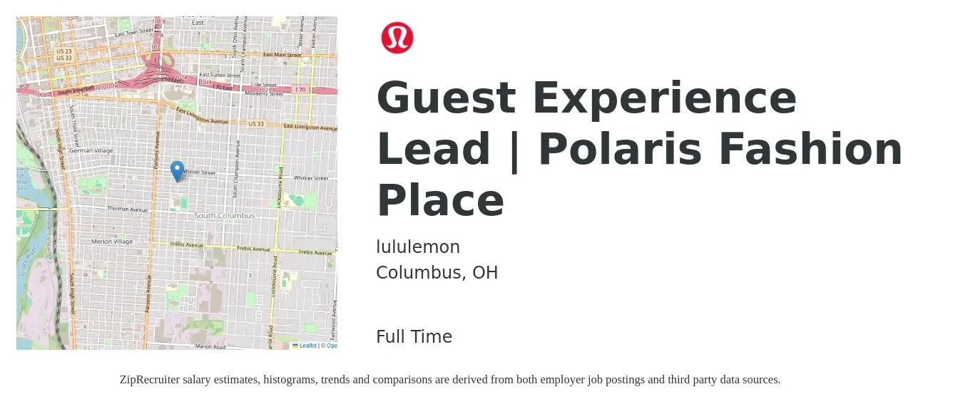 lululemon job posting for a Guest Experience Lead | Polaris Fashion Place in Columbus, OH with a salary of $16 to $20 Hourly with a map of Columbus location.