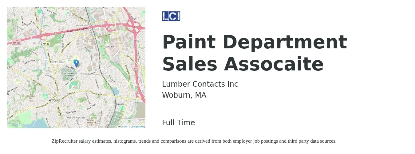Lumber Contacts Inc job posting for a Paint Department Sales Assocaite in Woburn, MA with a salary of $15 to $20 Hourly with a map of Woburn location.