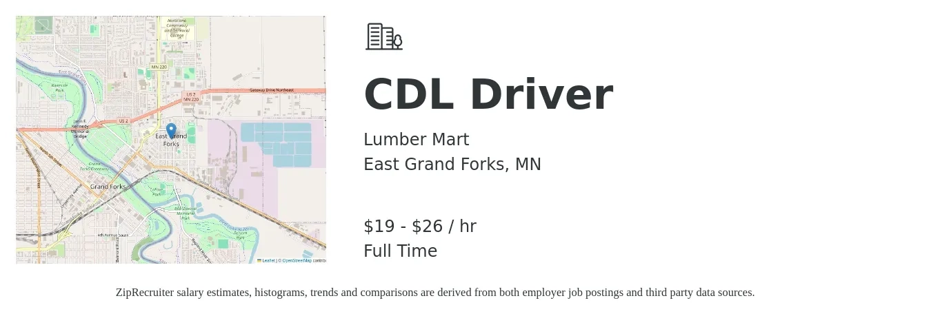 Lumber Mart job posting for a CDL Driver in East Grand Forks, MN with a salary of $20 to $28 Hourly with a map of East Grand Forks location.