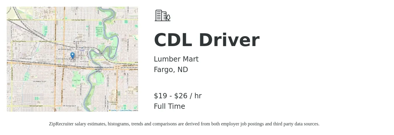 Lumber Mart job posting for a CDL Driver in Fargo, ND with a salary of $20 to $28 Hourly with a map of Fargo location.