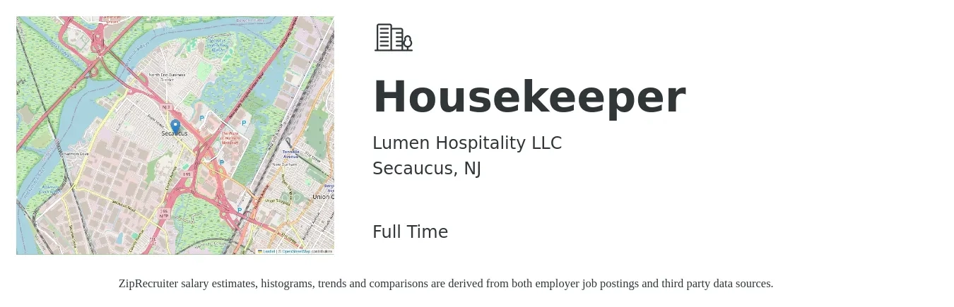 Lumen Hospitality LLC job posting for a Housekeeper in Secaucus, NJ with a salary of $14 to $18 Hourly with a map of Secaucus location.