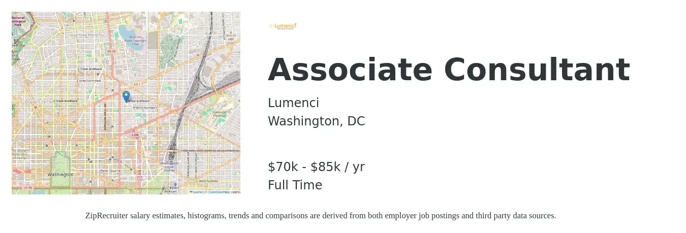 Lumenci job posting for a Associate Consultant in Washington, DC with a salary of $70,000 to $85,000 Yearly with a map of Washington location.