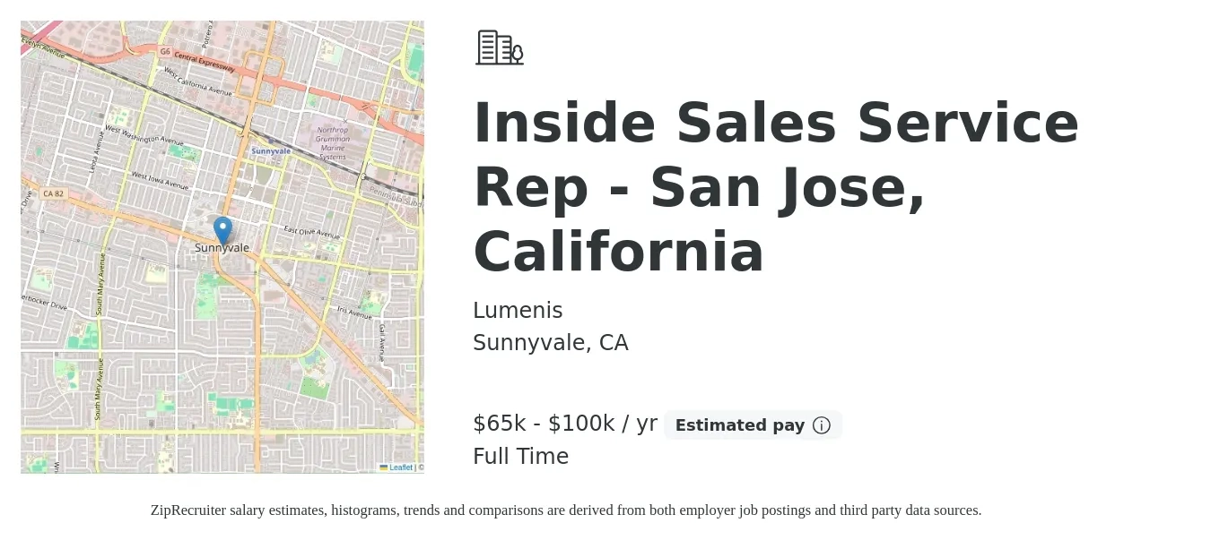 Lumenis job posting for a Inside Sales Service Rep - San Jose, California in Sunnyvale, CA with a salary of $65,000 to $100,000 Yearly with a map of Sunnyvale location.
