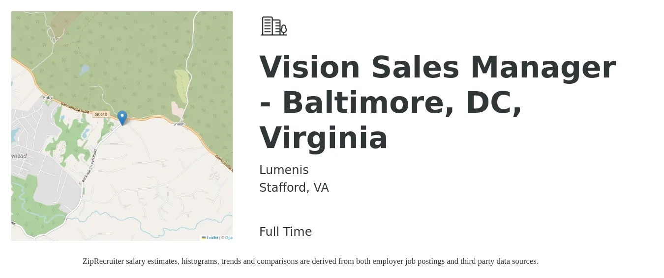 Lumenis job posting for a Vision Sales Manager - Baltimore, DC, Virginia in Stafford, VA with a salary of $44,900 to $96,200 Yearly with a map of Stafford location.