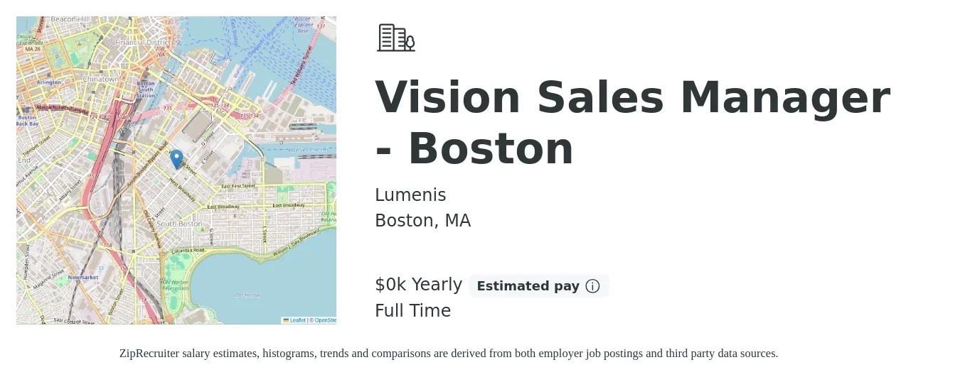 Lumenis job posting for a Vision Sales Manager - Boston in Boston, MA with a salary of $170 to $190 Yearly with a map of Boston location.