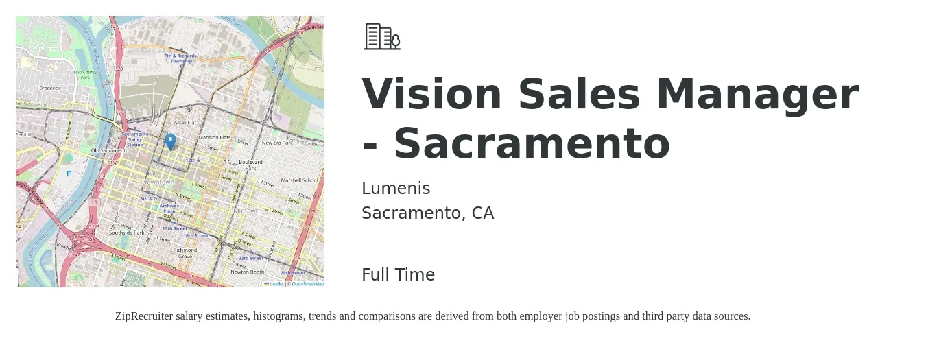 Lumenis job posting for a Vision Sales Manager - Sacramento in Sacramento, CA with a salary of $170 to $190 Yearly with a map of Sacramento location.