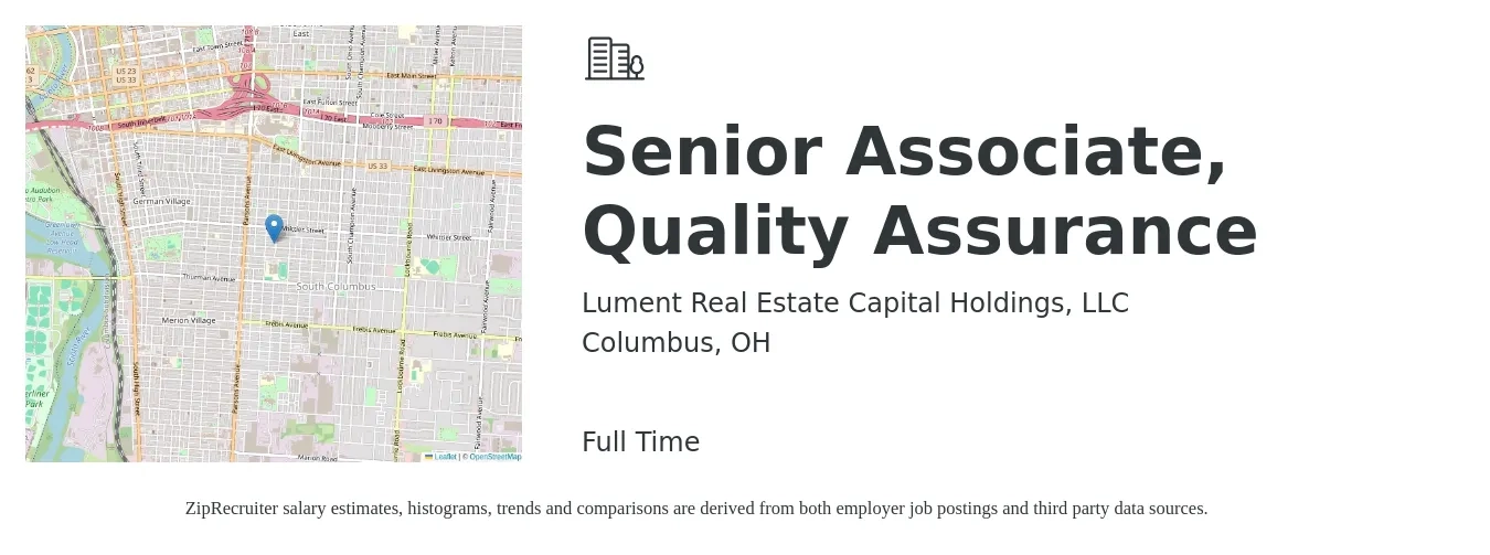 Lument Real Estate Capital Holdings, LLC job posting for a Senior Associate, Quality Assurance in Columbus, OH with a salary of $64,200 to $82,100 Yearly with a map of Columbus location.