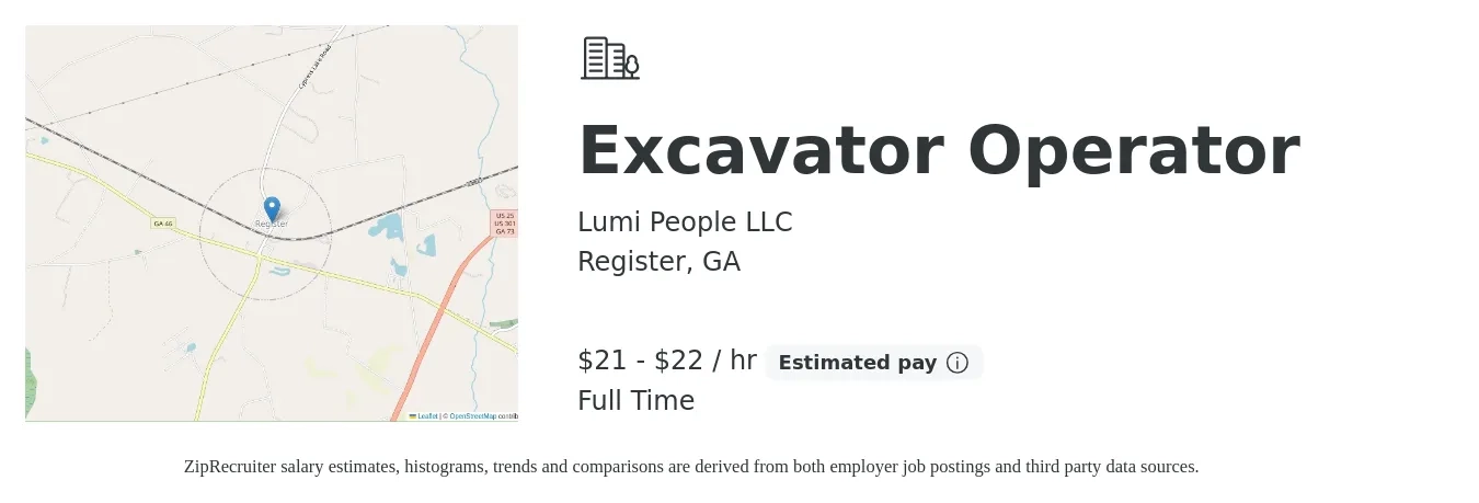 Lumi People LLC job posting for a Excavator Operator in Register, GA with a salary of $22 to $23 Hourly with a map of Register location.