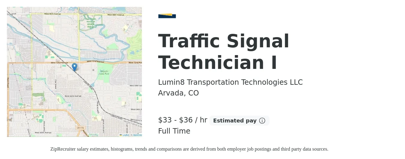 Lumin8 Transportation Technologies LLC job posting for a Traffic Signal Technician I in Arvada, CO with a salary of $34 to $36 Hourly with a map of Arvada location.