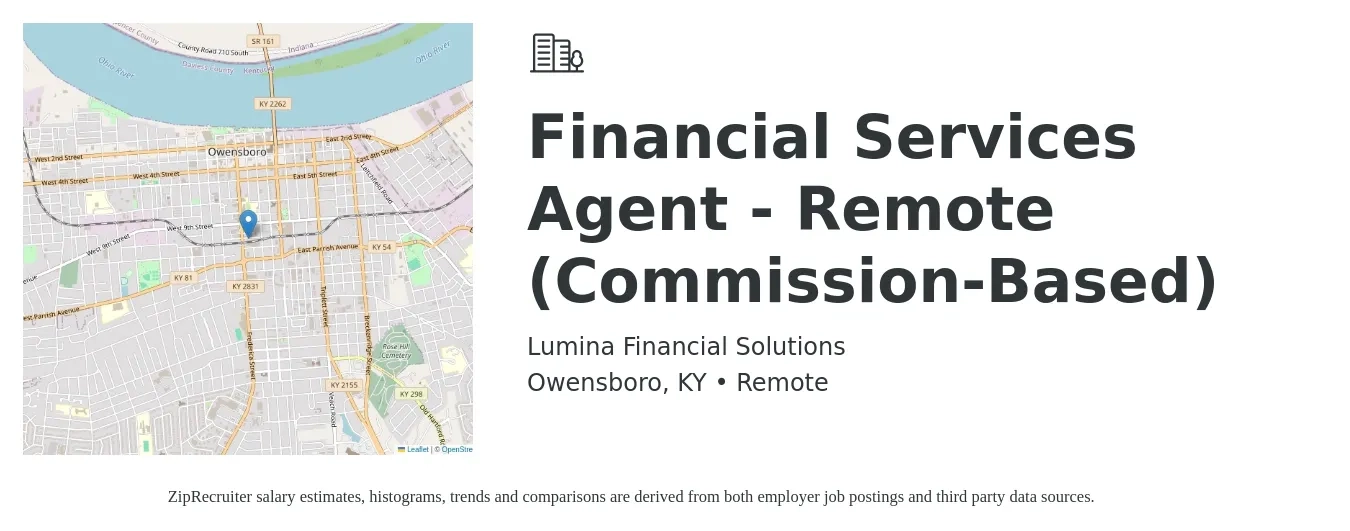 Lumina Financial Solutions job posting for a Financial Services Agent - Remote (Commission-Based) in Owensboro, KY with a salary of $150,000 Yearly with a map of Owensboro location.