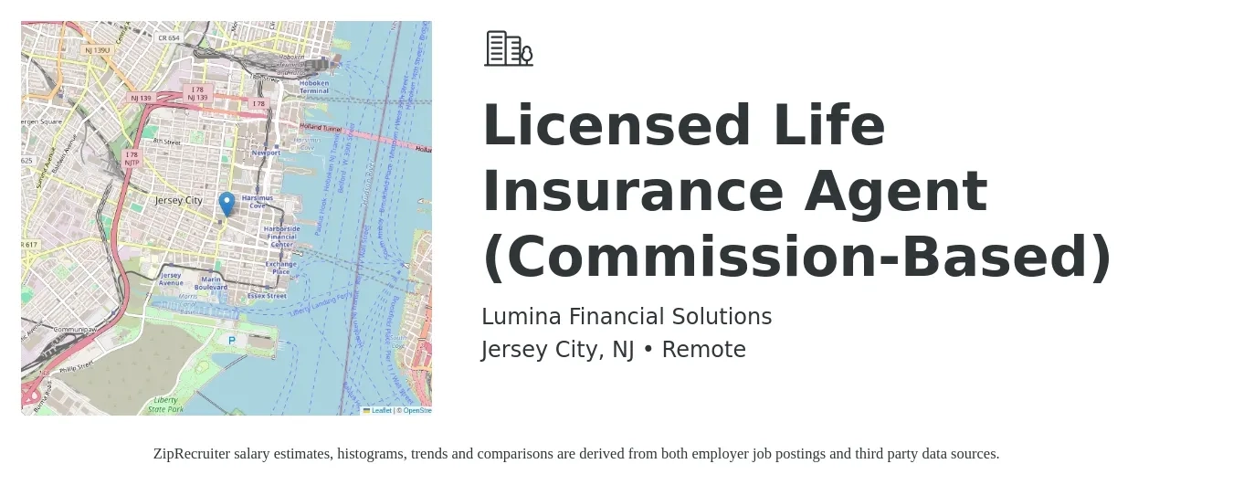 Lumina Financial Solutions job posting for a Licensed Life Insurance Agent (Commission-Based) in Jersey City, NJ with a salary of $150,000 Yearly with a map of Jersey City location.