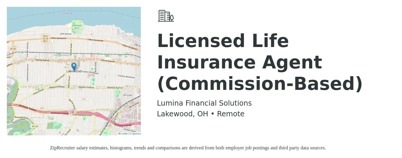 Lumina Financial Solutions job posting for a Licensed Life Insurance Agent (Commission-Based) in Lakewood, OH with a salary of $150,000 Yearly with a map of Lakewood location.