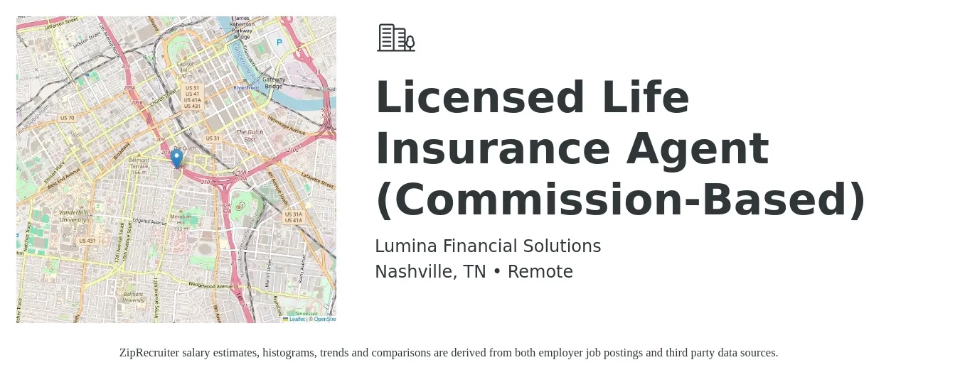 Lumina Financial Solutions job posting for a Licensed Life Insurance Agent (Commission-Based) in Nashville, TN with a salary of $150,000 Yearly with a map of Nashville location.