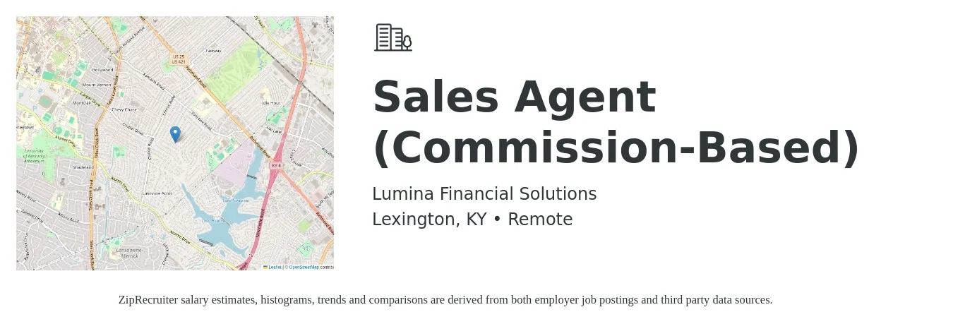 Lumina Financial Solutions job posting for a Sales Agent (Commission-Based) in Lexington, KY with a salary of $150,000 Yearly with a map of Lexington location.