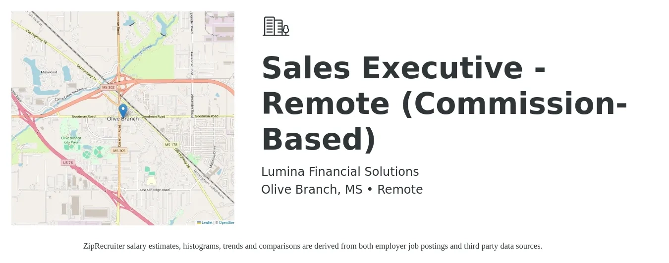 Lumina Financial Solutions job posting for a Sales Executive - Remote (Commission-Based) in Olive Branch, MS with a salary of $150,000 Yearly with a map of Olive Branch location.