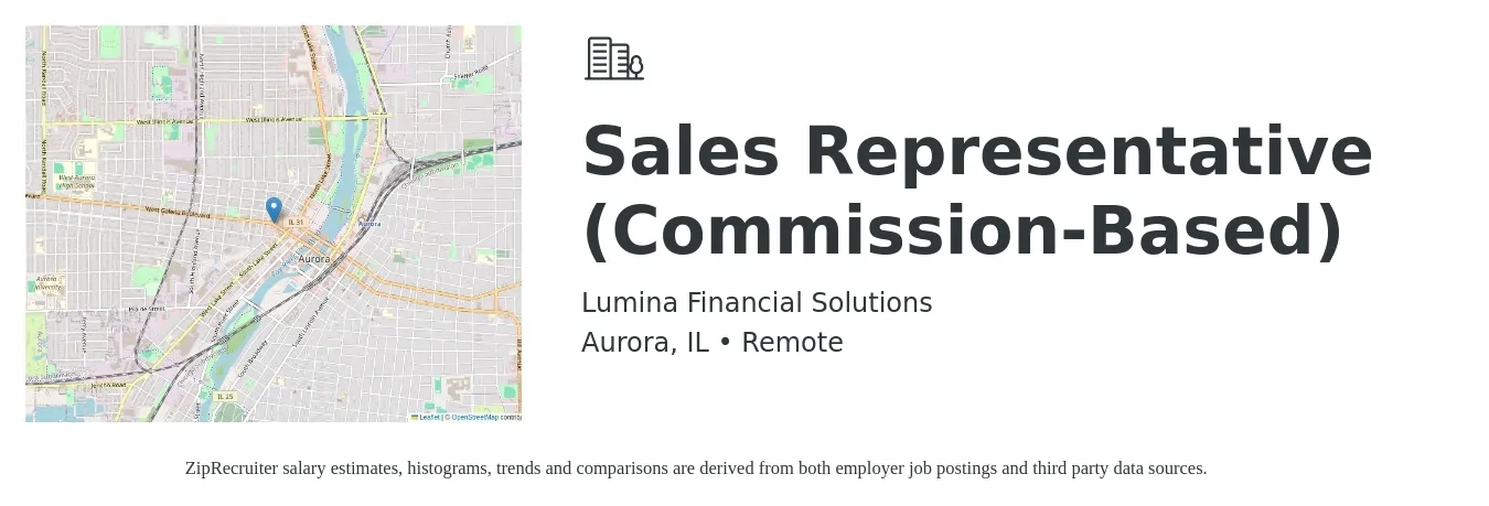 Lumina Financial Solutions job posting for a Sales Representative (Commission-Based) in Aurora, IL with a salary of $150,000 Yearly with a map of Aurora location.