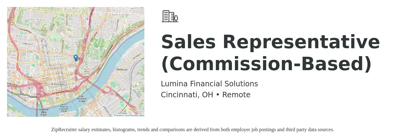 Lumina Financial Solutions job posting for a Sales Representative (Commission-Based) in Cincinnati, OH with a salary of $150,000 Yearly with a map of Cincinnati location.