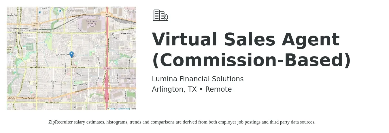 Lumina Financial Solutions job posting for a Virtual Sales Agent (Commission-Based) in Arlington, TX with a salary of $150,000 Yearly with a map of Arlington location.