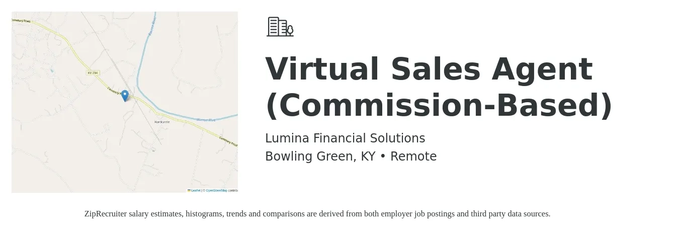 Lumina Financial Solutions job posting for a Virtual Sales Agent (Commission-Based) in Bowling Green, KY with a salary of $150,000 Yearly with a map of Bowling Green location.