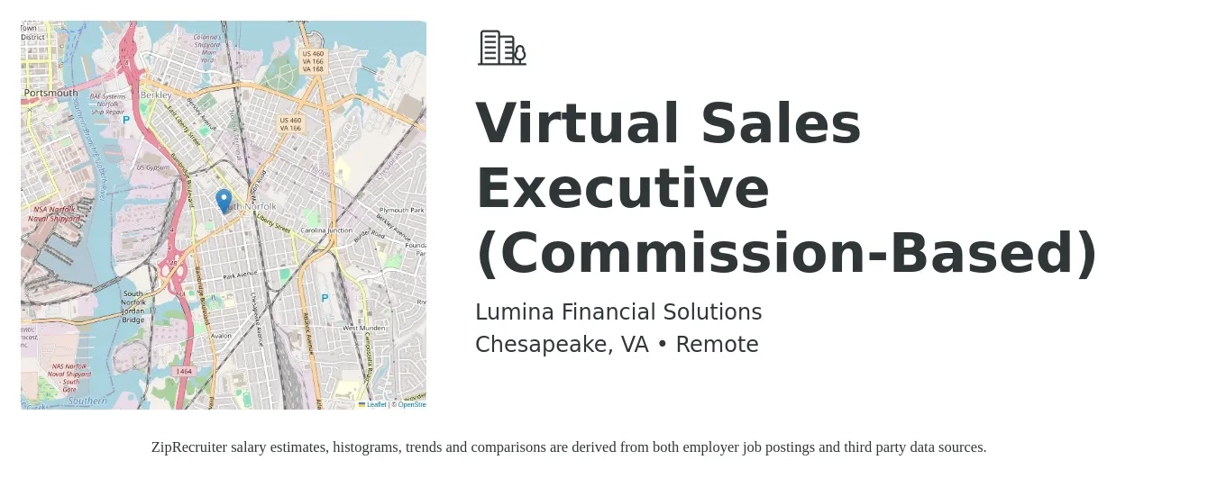 Lumina Financial Solutions job posting for a Virtual Sales Executive (Commission-Based) in Chesapeake, VA with a salary of $150,000 Yearly with a map of Chesapeake location.