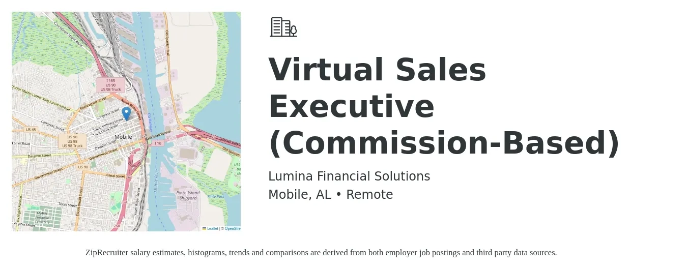 Lumina Financial Solutions job posting for a Virtual Sales Executive (Commission-Based) in Mobile, AL with a salary of $150,000 Yearly with a map of Mobile location.