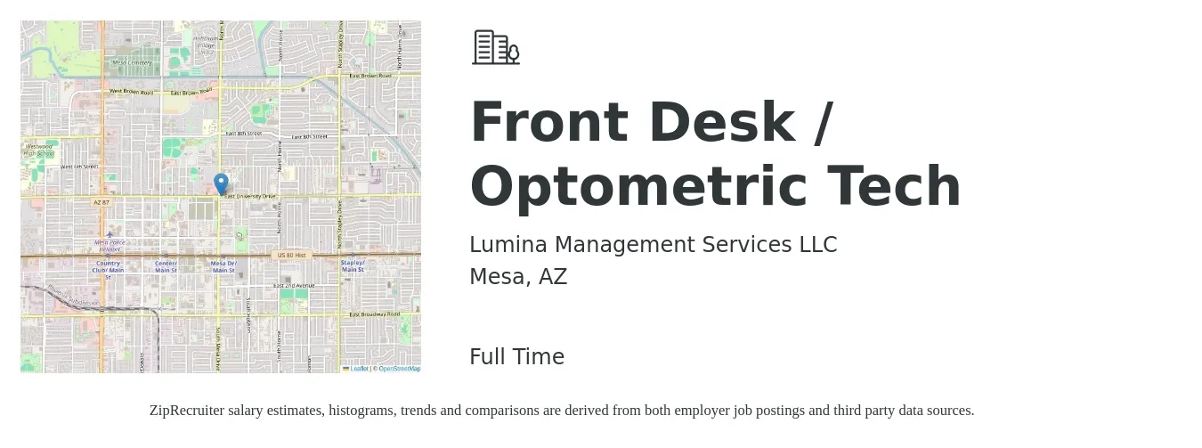 Lumina Management Services LLC job posting for a Front Desk / Optometric Tech in Mesa, AZ with a salary of $15 to $19 Hourly with a map of Mesa location.
