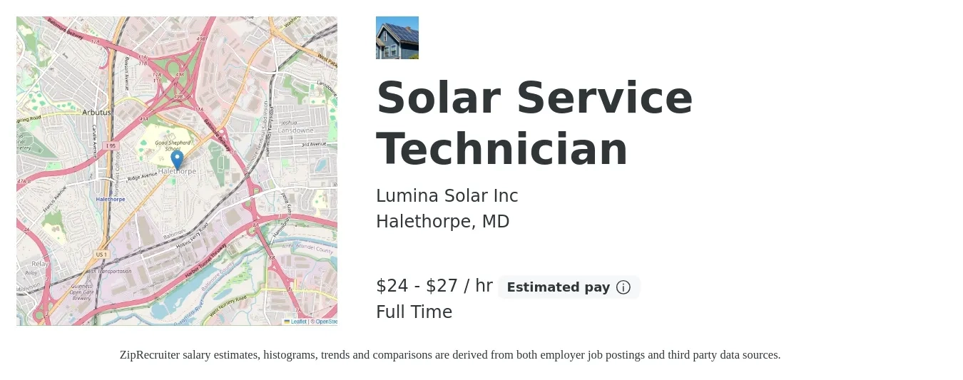 Lumina Solar Inc job posting for a Solar Service Technician in Halethorpe, MD with a salary of $25 to $29 Hourly with a map of Halethorpe location.