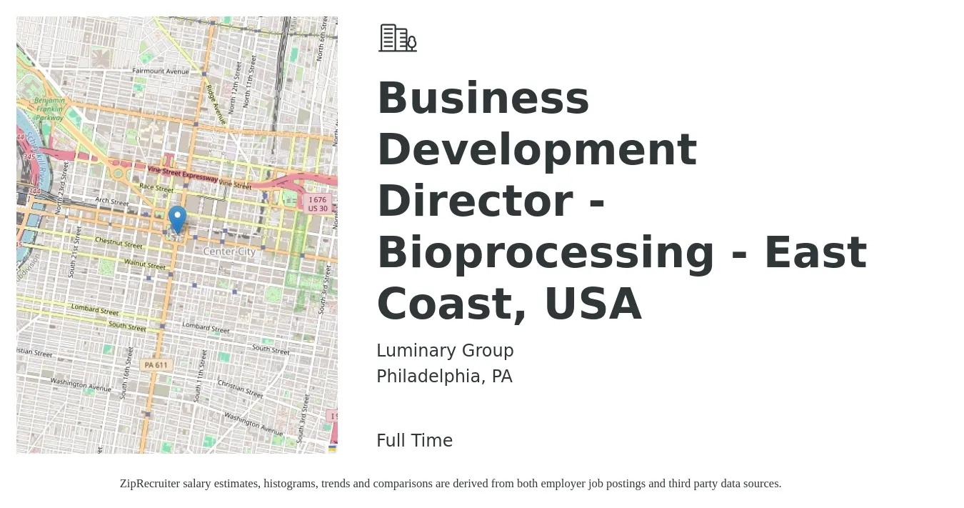 Luminary Group job posting for a Business Development Director - Bioprocessing - East Coast, USA in Philadelphia, PA with a salary of $94,300 to $152,900 Yearly with a map of Philadelphia location.