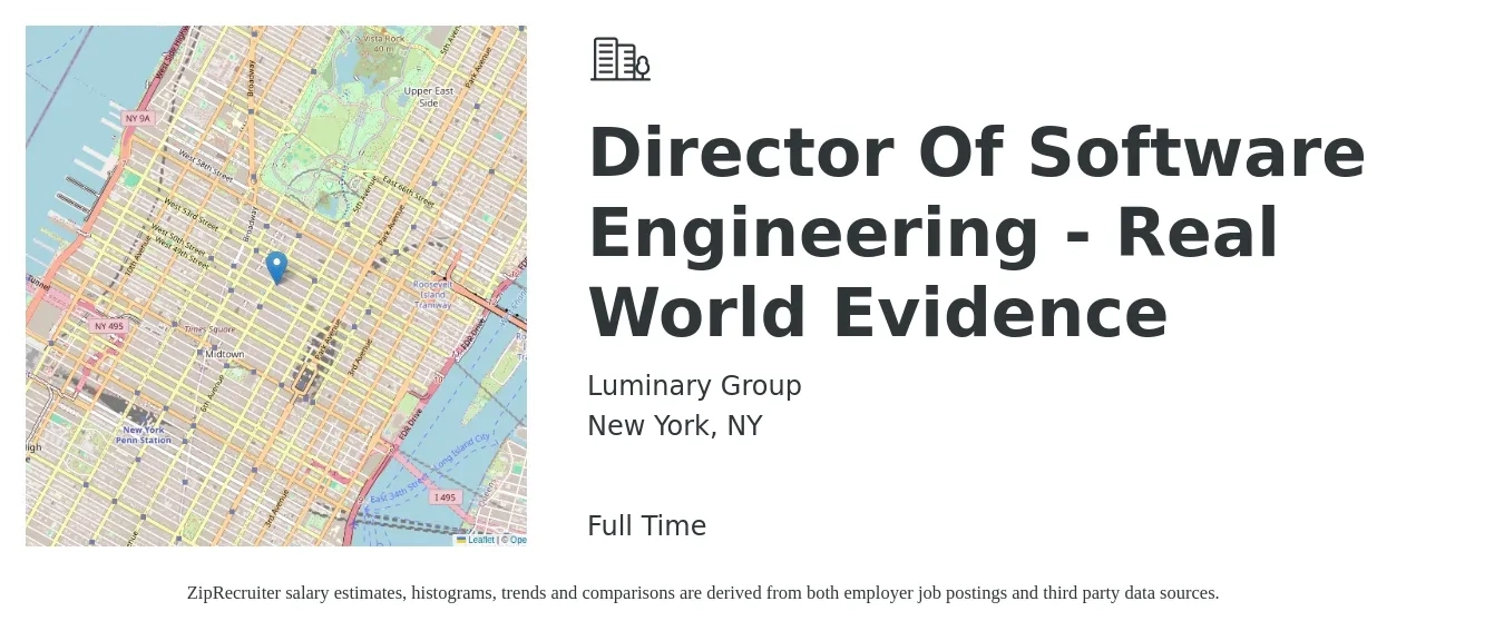 Luminary Group job posting for a Director Of Software Engineering - Real World Evidence in New York, NY with a salary of $276,800 Yearly with a map of New York location.