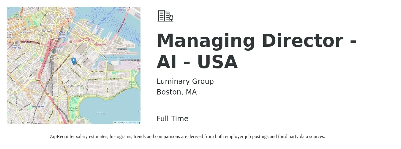 Luminary Group job posting for a Managing Director - AI - USA in Boston, MA with a salary of $103,200 to $160,200 Yearly with a map of Boston location.