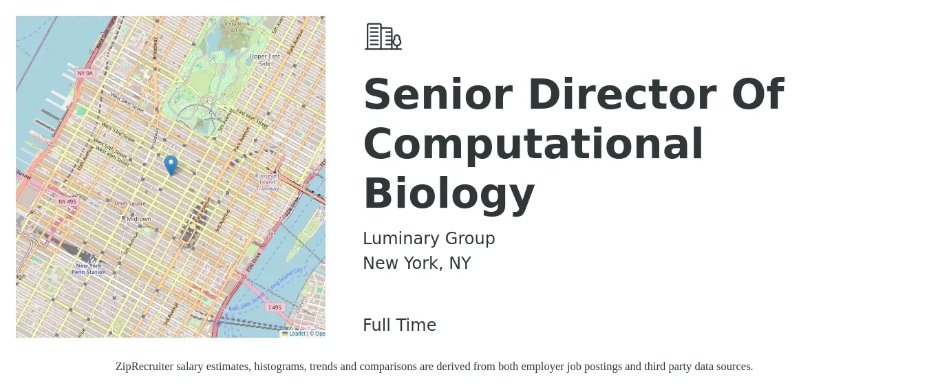 Luminary Group job posting for a Senior Director Of Computational Biology in New York, NY with a salary of $95,200 to $117,100 Yearly with a map of New York location.