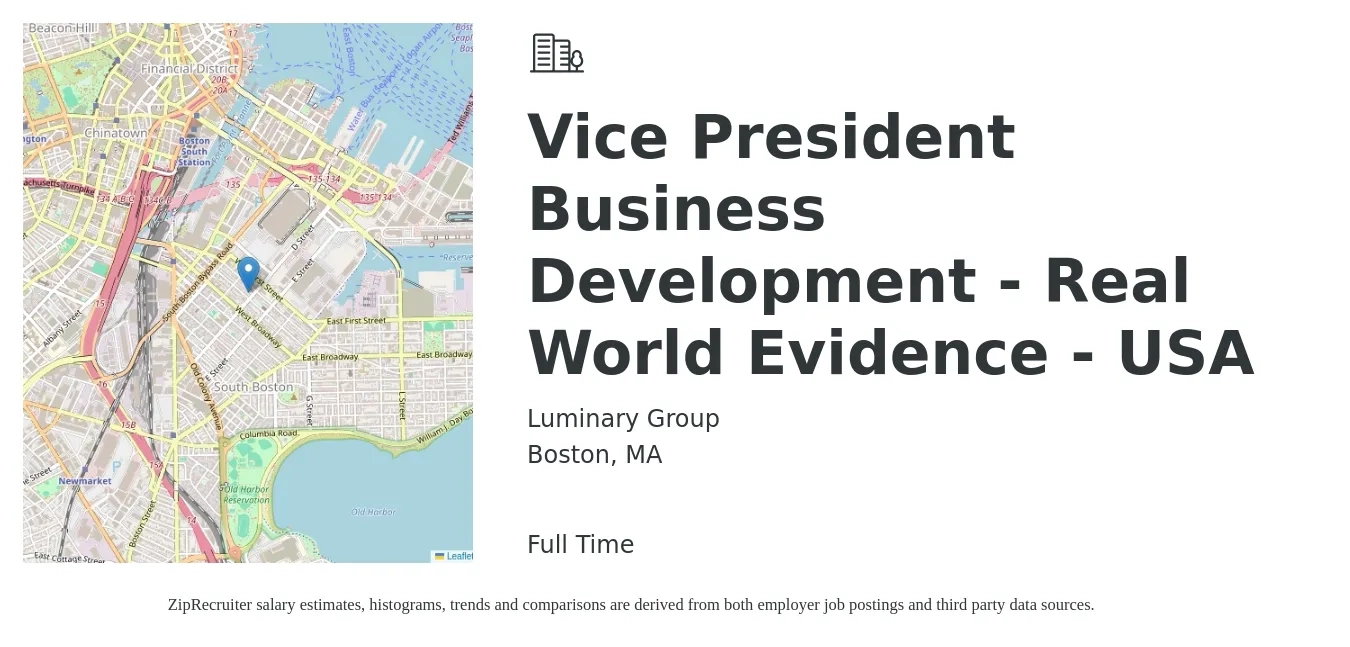 Luminary Group job posting for a Vice President Business Development - Real World Evidence - USA in Boston, MA with a salary of $129,300 to $209,700 Yearly with a map of Boston location.