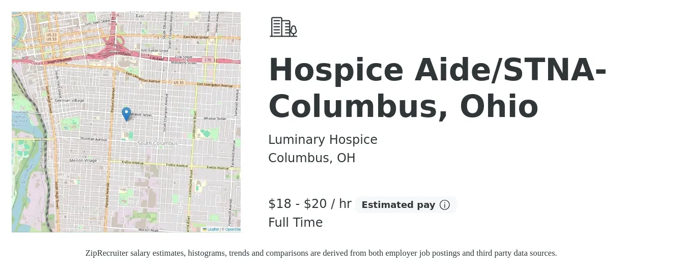 Luminary Hospice job posting for a Hospice Aide/STNA- Columbus, Ohio in Columbus, OH with a salary of $19 to $21 Hourly with a map of Columbus location.
