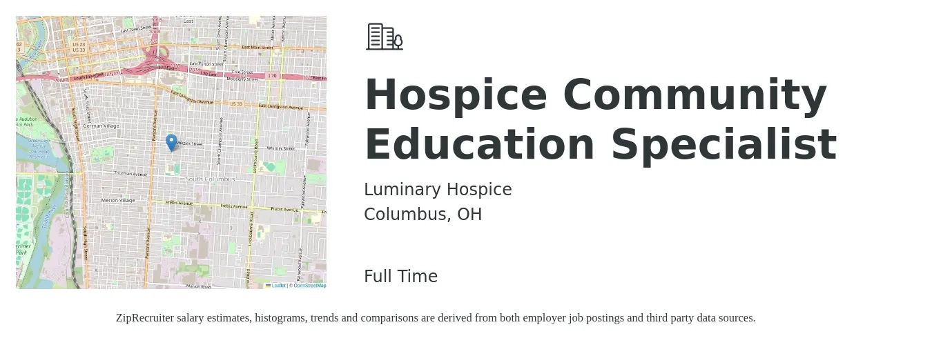 Luminary Hospice job posting for a Hospice Community Education Specialist in Columbus, OH with a salary of $41,000 to $54,200 Yearly with a map of Columbus location.