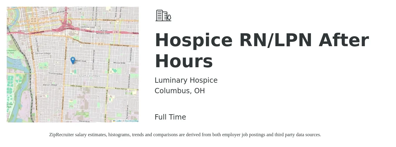 Luminary Hospice job posting for a Hospice RN/LPN After Hours in Columbus, OH with a salary of $30 to $32 Hourly with a map of Columbus location.