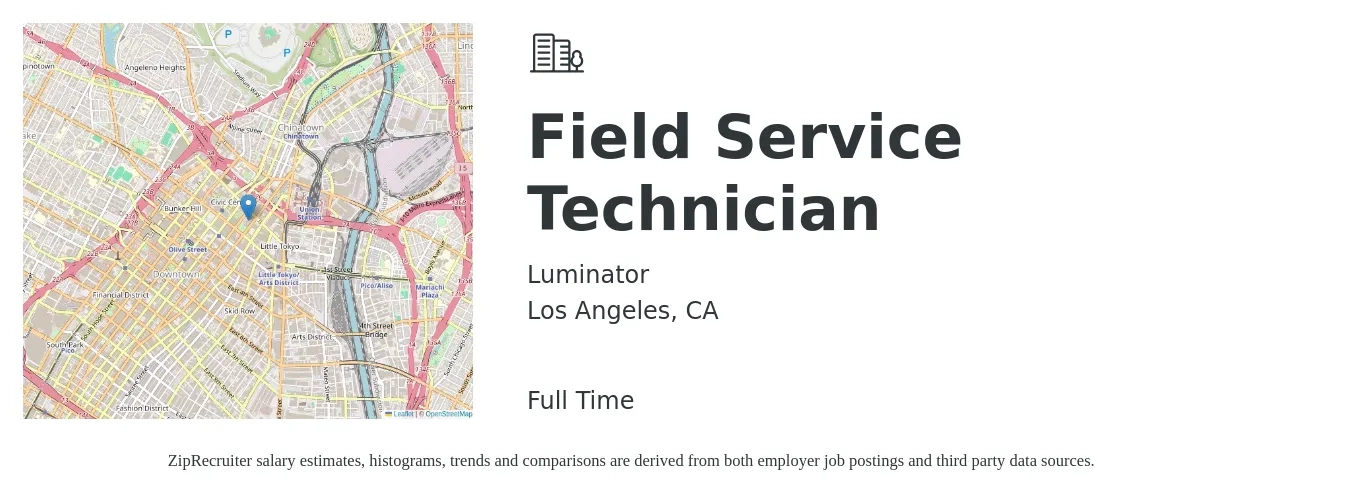 Luminator job posting for a Field Service Technician in Los Angeles, CA with a salary of $22 to $32 Hourly with a map of Los Angeles location.