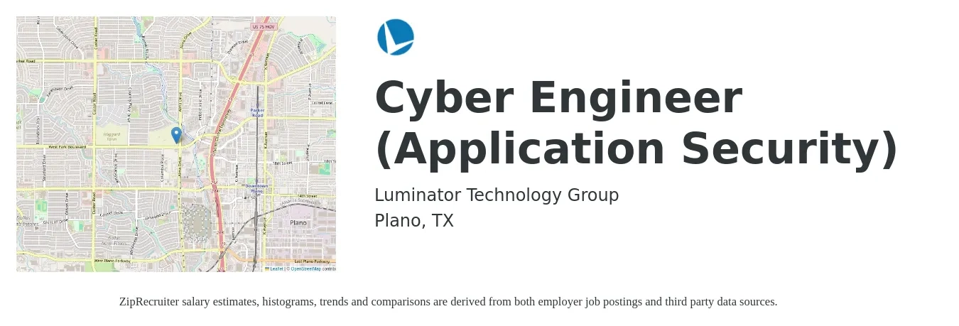 Luminator Technology Group job posting for a Cyber Engineer (Application Security) in Plano, TX with a salary of $55 to $73 Hourly with a map of Plano location.
