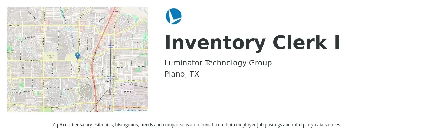 Luminator Technology Group job posting for a Inventory Clerk I in Plano, TX with a salary of $16 to $20 Hourly with a map of Plano location.