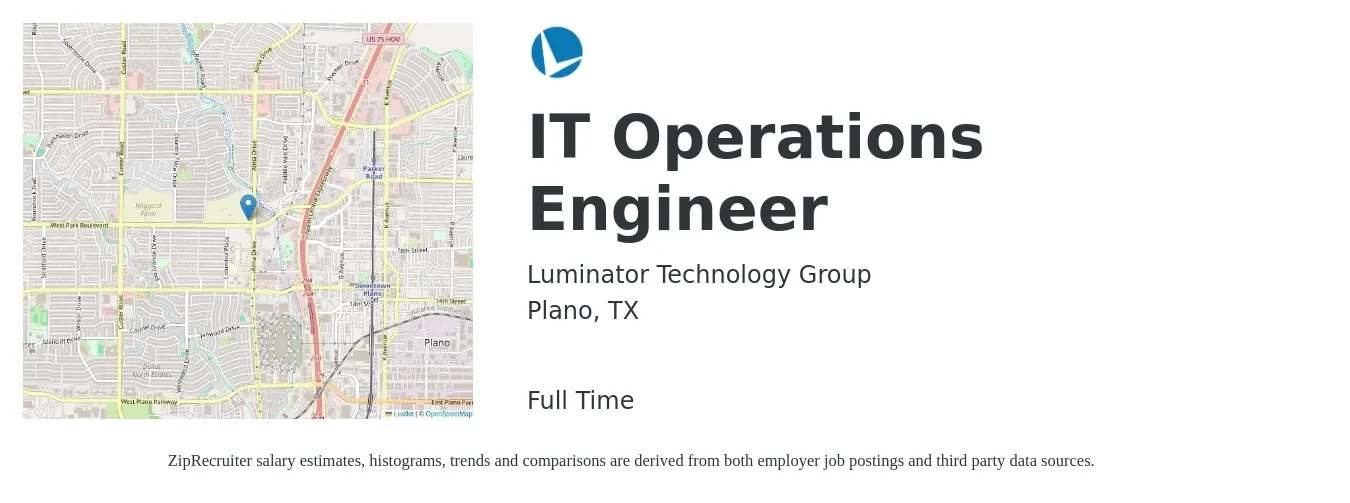 Luminator Technology Group job posting for a IT Operations Engineer in Plano, TX with a salary of $66,800 to $90,400 Yearly with a map of Plano location.