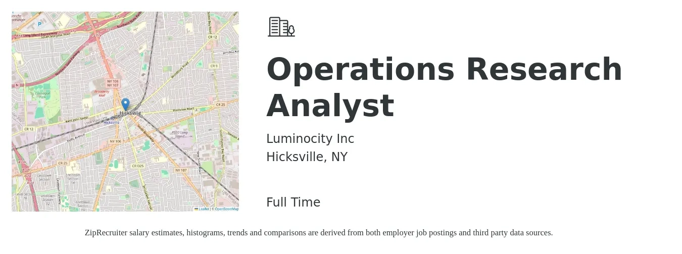 Luminocity Inc job posting for a Operations Research Analyst in Hicksville, NY with a salary of $100,000 to $118,300 Yearly with a map of Hicksville location.