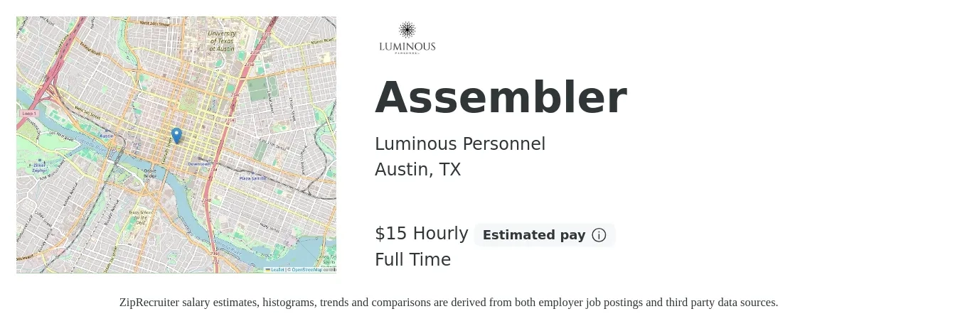 Luminous Personnel job posting for a Assembler in Austin, TX with a salary of $16 Hourly with a map of Austin location.