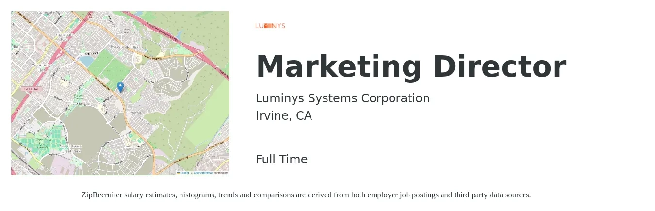 Luminys Systems Corporation job posting for a Marketing Director in Irvine, CA with a salary of $120,000 Yearly and benefits including life_insurance, medical, pto, retirement, vision, and dental with a map of Irvine location.