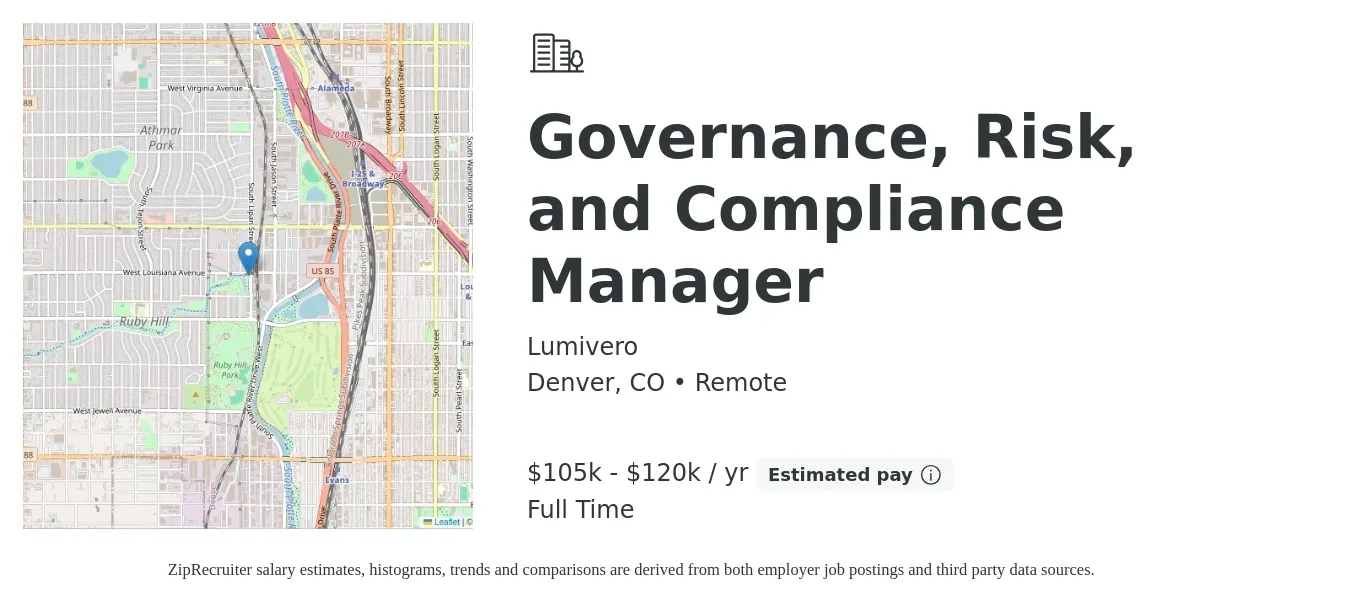 Lumivero job posting for a Governance, Risk, and Compliance Manager in Denver, CO with a salary of $105,000 to $120,000 Yearly with a map of Denver location.
