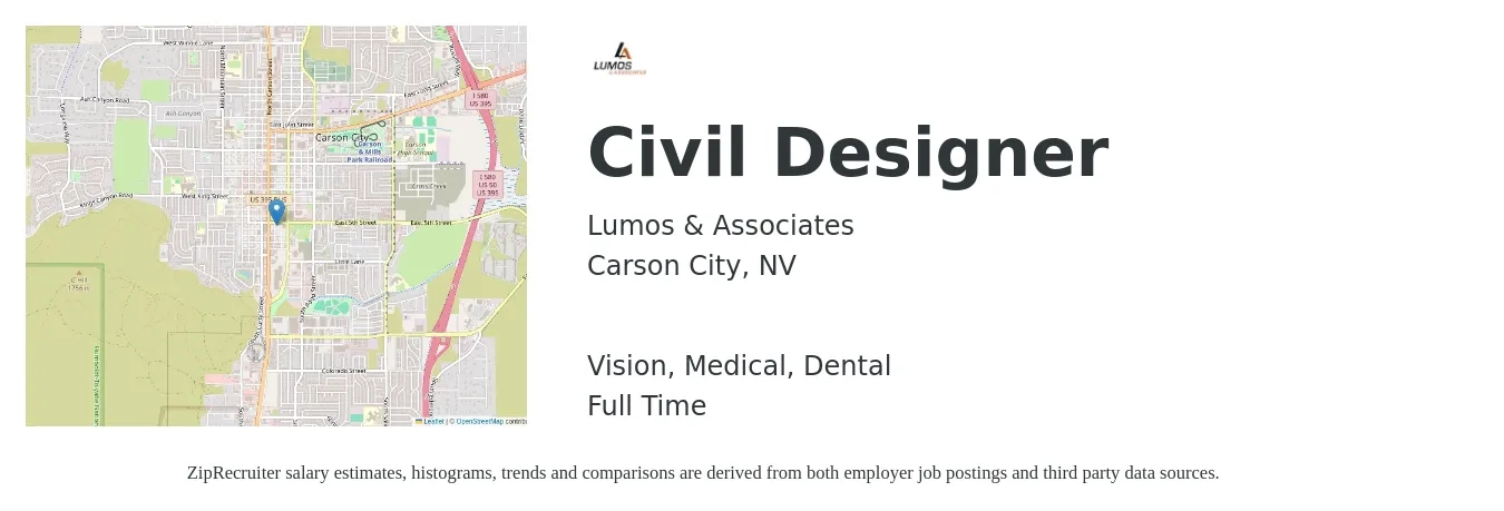 Lumos & Associates job posting for a Civil Designer in Carson City, NV with a salary of $66,100 to $92,100 Yearly and benefits including retirement, vision, dental, life_insurance, medical, and pto with a map of Carson City location.