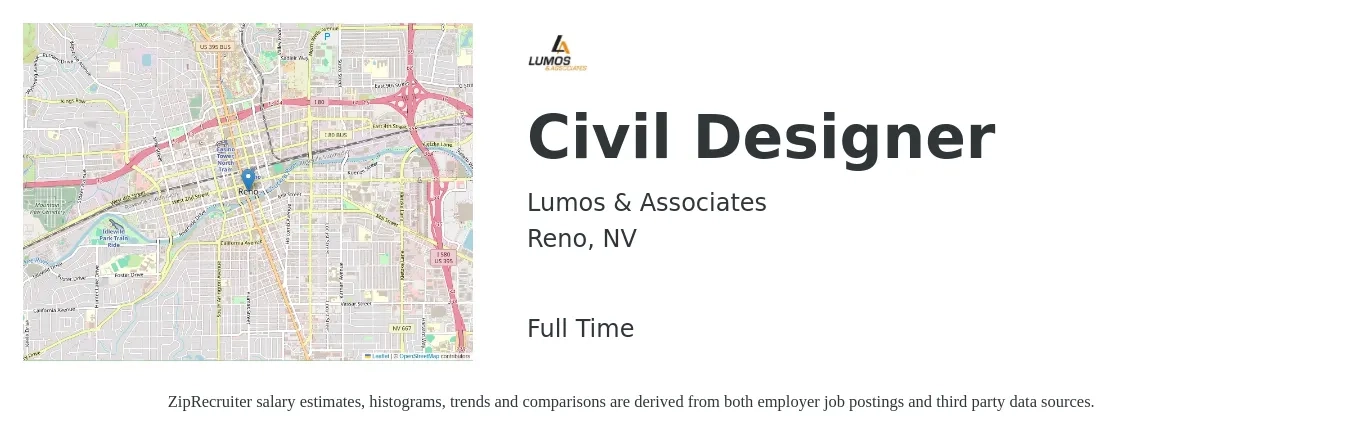 Lumos & Associates job posting for a Civil Designer in Reno, NV with a salary of $67,300 to $93,700 Yearly and benefits including retirement, vision, dental, life_insurance, medical, and pto with a map of Reno location.
