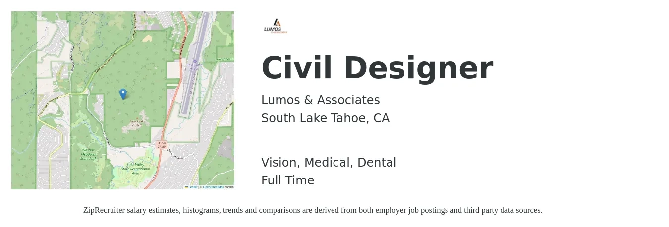 Lumos & Associates job posting for a Civil Designer in South Lake Tahoe, CA with a salary of $71,800 to $100,000 Yearly and benefits including life_insurance, medical, pto, retirement, vision, and dental with a map of South Lake Tahoe location.