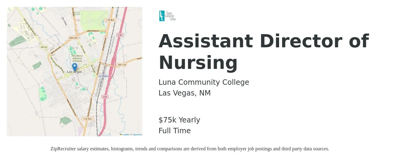 Luna Community College job posting for a Assistant Director of Nursing in Las Vegas, NM with a salary of $75,000 Yearly with a map of Las Vegas location.