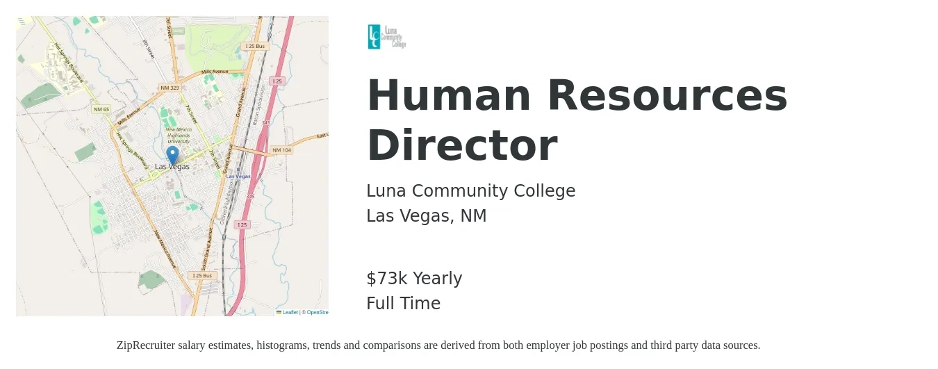 Luna Community College job posting for a Human Resources Director in Las Vegas, NM with a salary of $80,600 to $124,400 Yearly with a map of Las Vegas location.