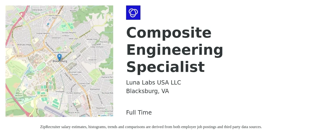 Luna Labs USA LLC job posting for a Composite Engineering Specialist in Blacksburg, VA with a salary of $77,000 to $101,800 Yearly with a map of Blacksburg location.